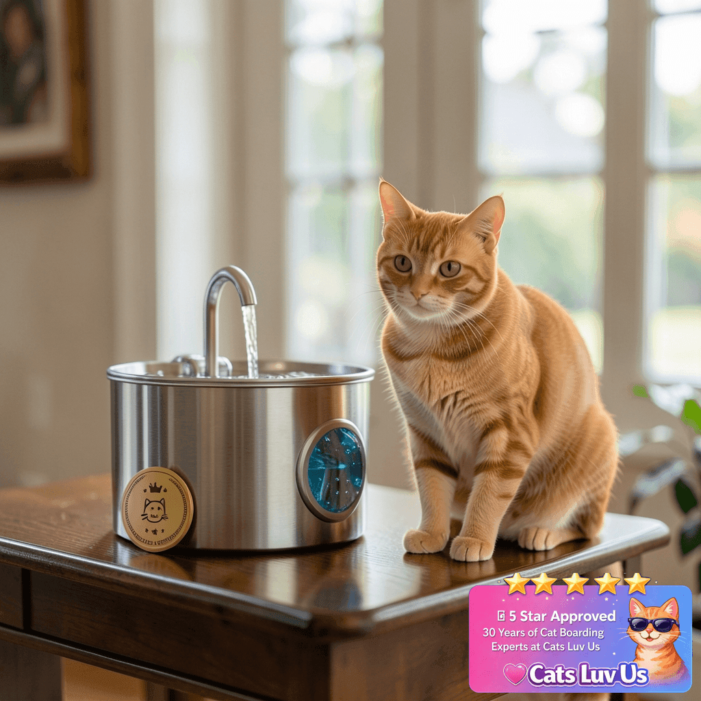 Cat Water Fountain Stainless Steel: 74oz/2.2L Cat Fountain with cat - professional product lifestyle photo