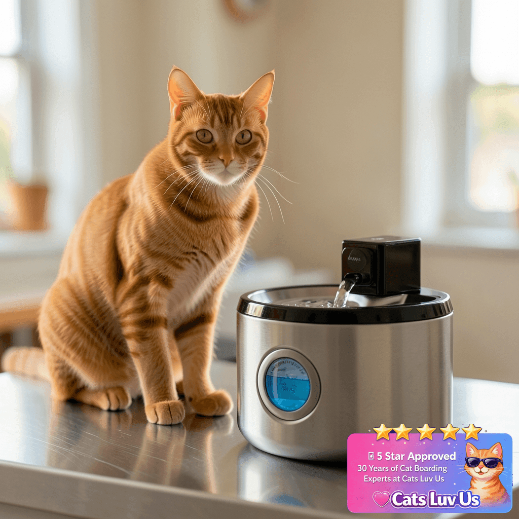 FUKUMARU Wireless Cat Water Fountain Stainless Steel with cat - professional product lifestyle photo