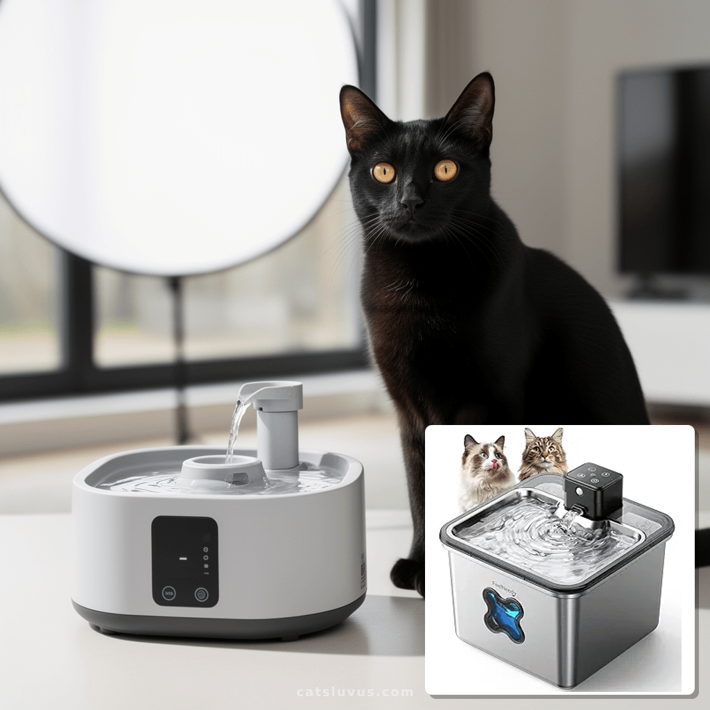 Cordless Cat Water Fountain : [Visual Filter] & [Heavy-Duty  with cat - professional product lifestyle photo