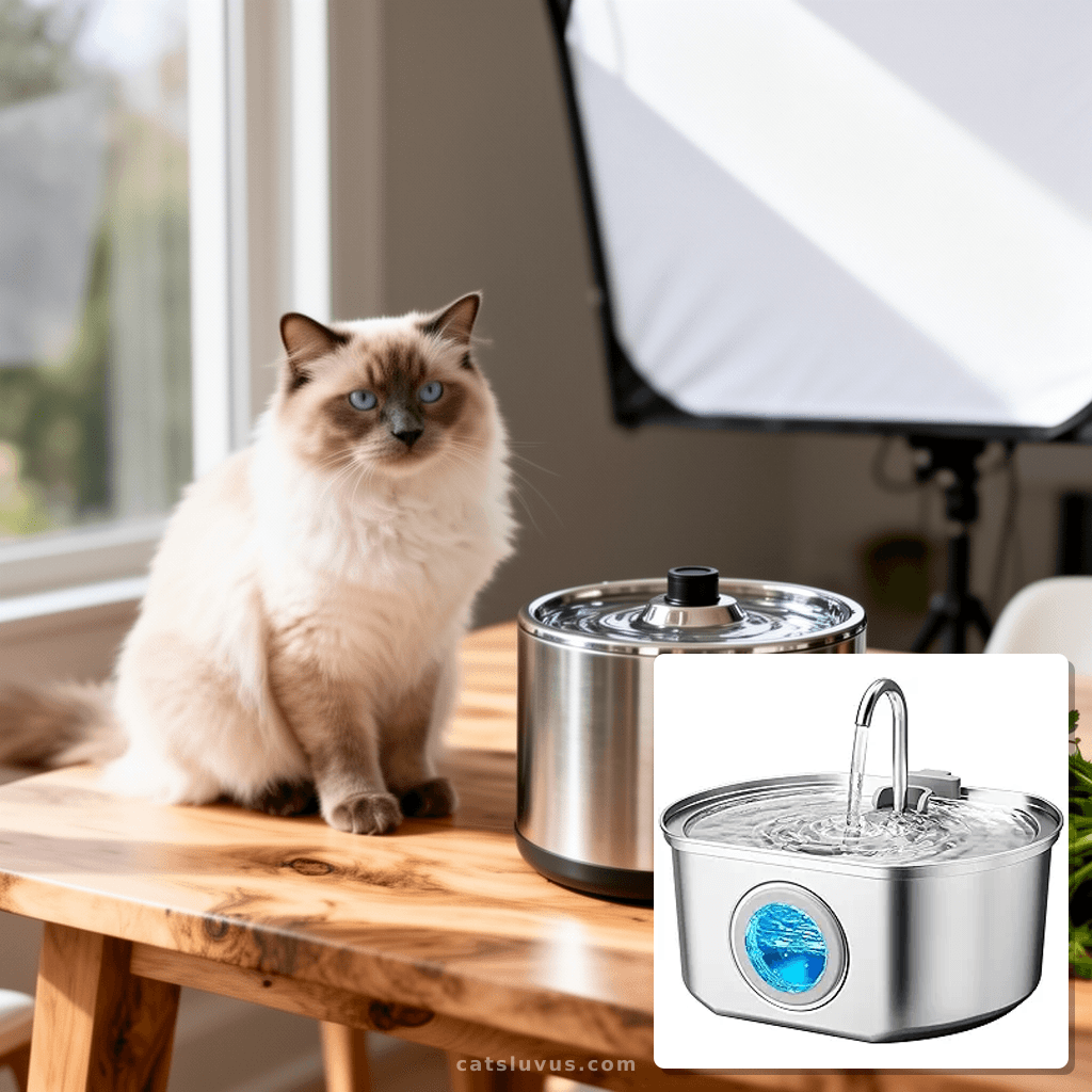 Cat Water Fountain Stainless Steel: 108oz/3.2L Cat Fountain  with cat - professional product lifestyle photo