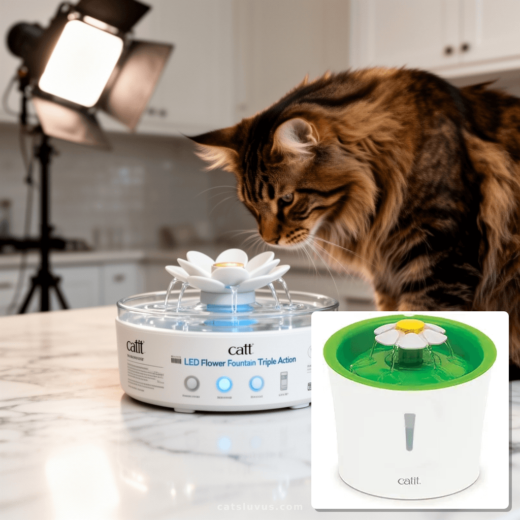 Catit LED Flower Fountain with Triple Action Filter with cat - professional product lifestyle photo