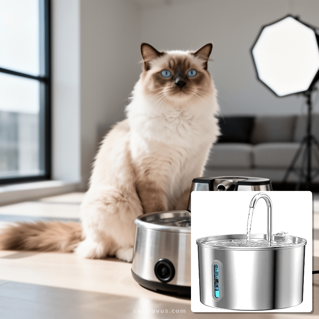Cat Water Fountain Stainless Steel: 2.2 L Cat Fountain for D with cat - professional product lifestyle photo
