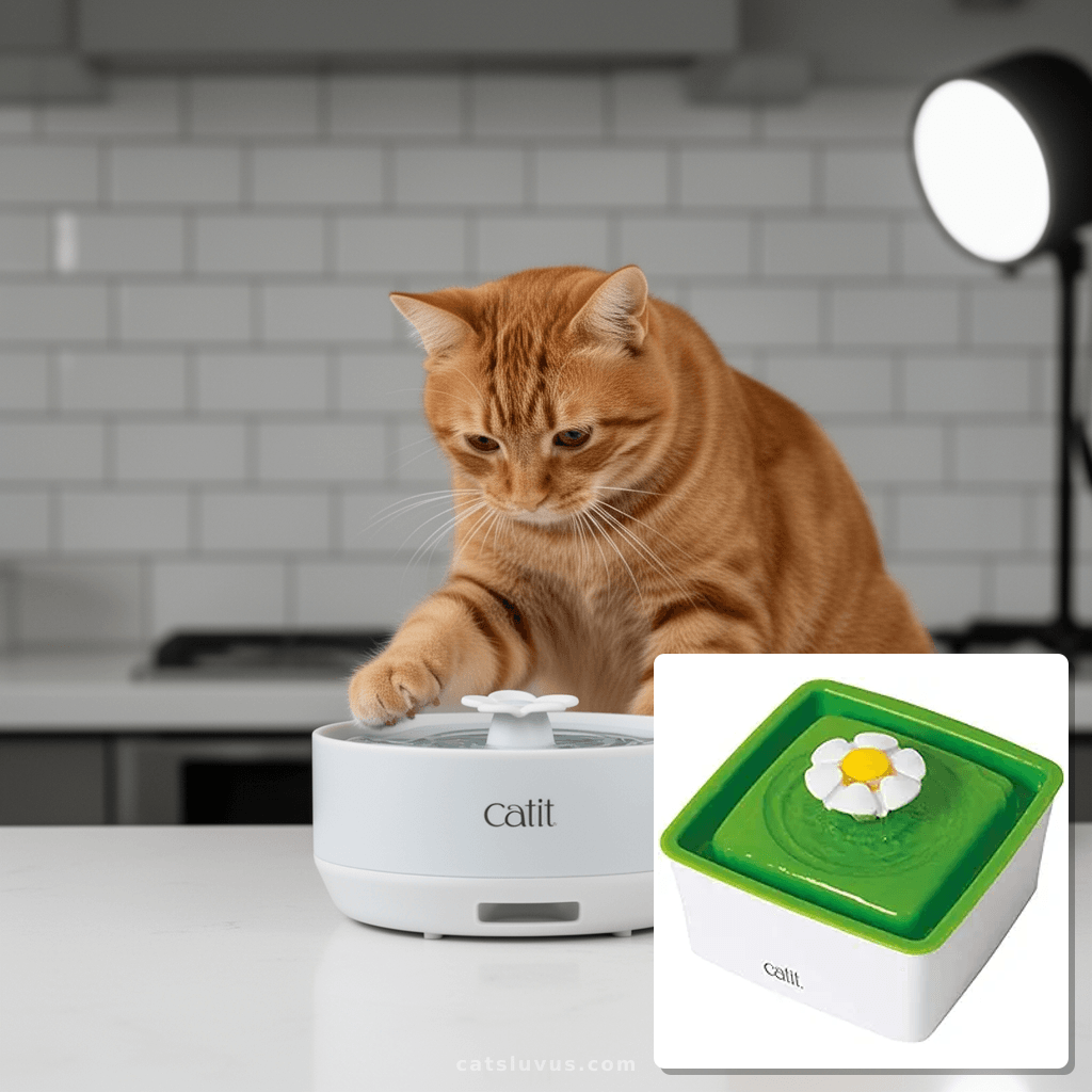 Catit 2.0 Mini Flower Drinking Fountain – Cat Water Fountain with cat - professional product lifestyle photo