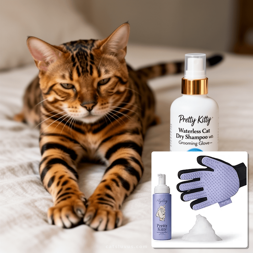 Pretty Kitty Waterless Cat Dry Shampoo with Grooming Glove–  with cat - professional product lifestyle photo