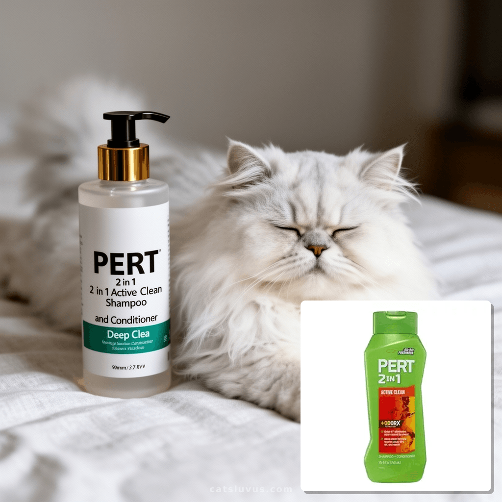 PERT 2 in 1 Active Clean Shampoo and Conditioner - Deep Clea with cat - professional product lifestyle photo