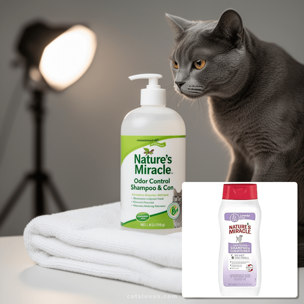 Nature's Miracle Nature’s Miracle Odor Control Shampoo & Con with cat - professional product lifestyle photo