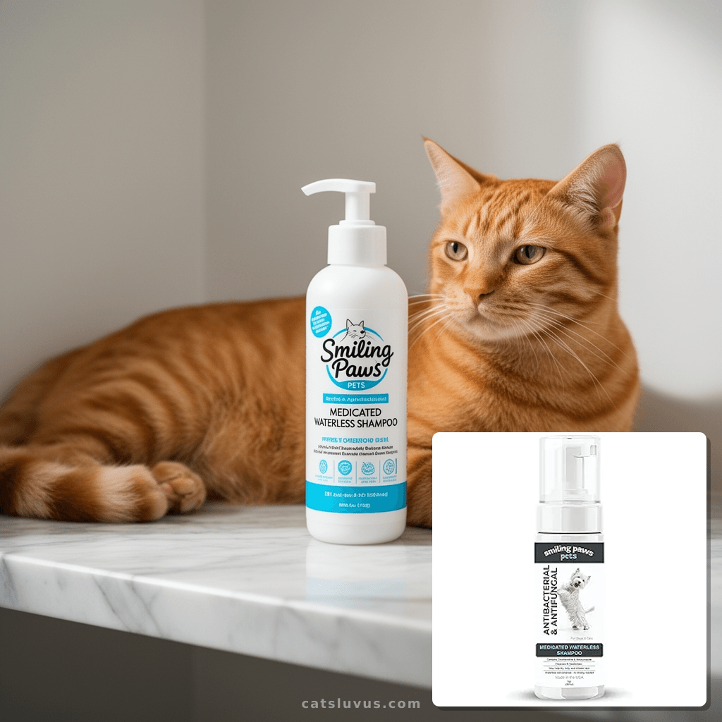 Smiling Paws Pets Medicated Waterless Shampoo with cat - professional product lifestyle photo