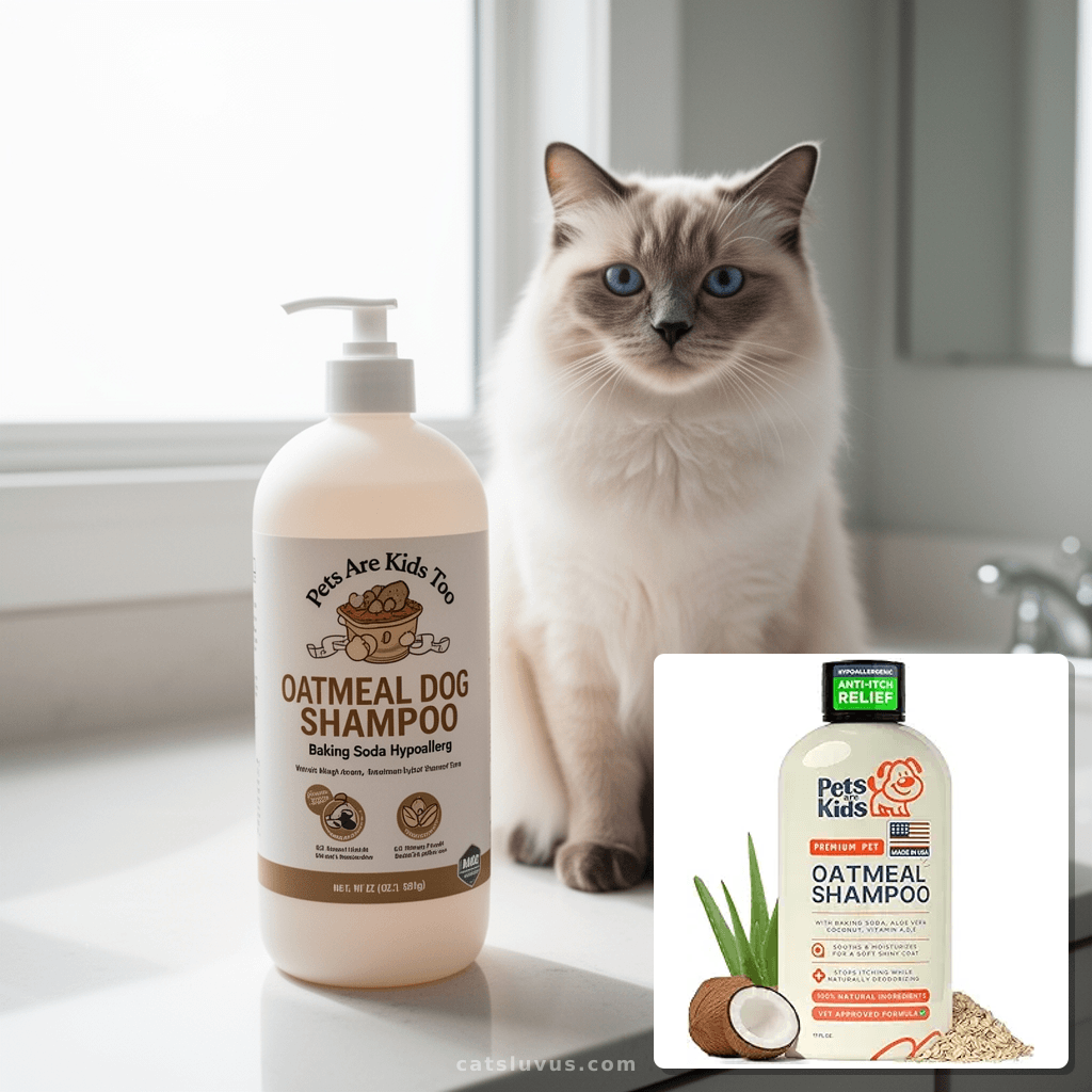 Pets Are Kids Too Oatmeal Dog Shampoo Baking Soda Hypoallerg with cat - professional product lifestyle photo