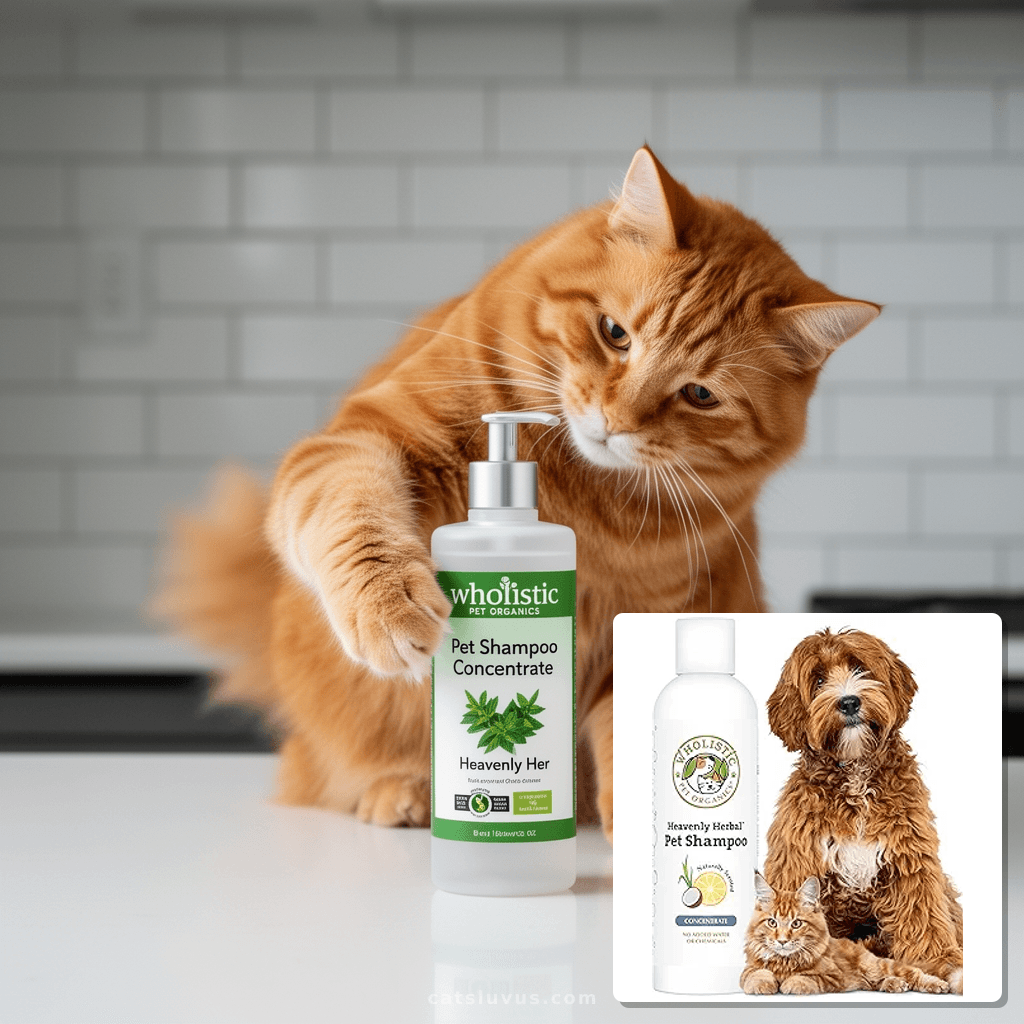 Wholistic Pet Organics Pet Shampoo Concentrate: Heavenly Her with cat - professional product lifestyle photo