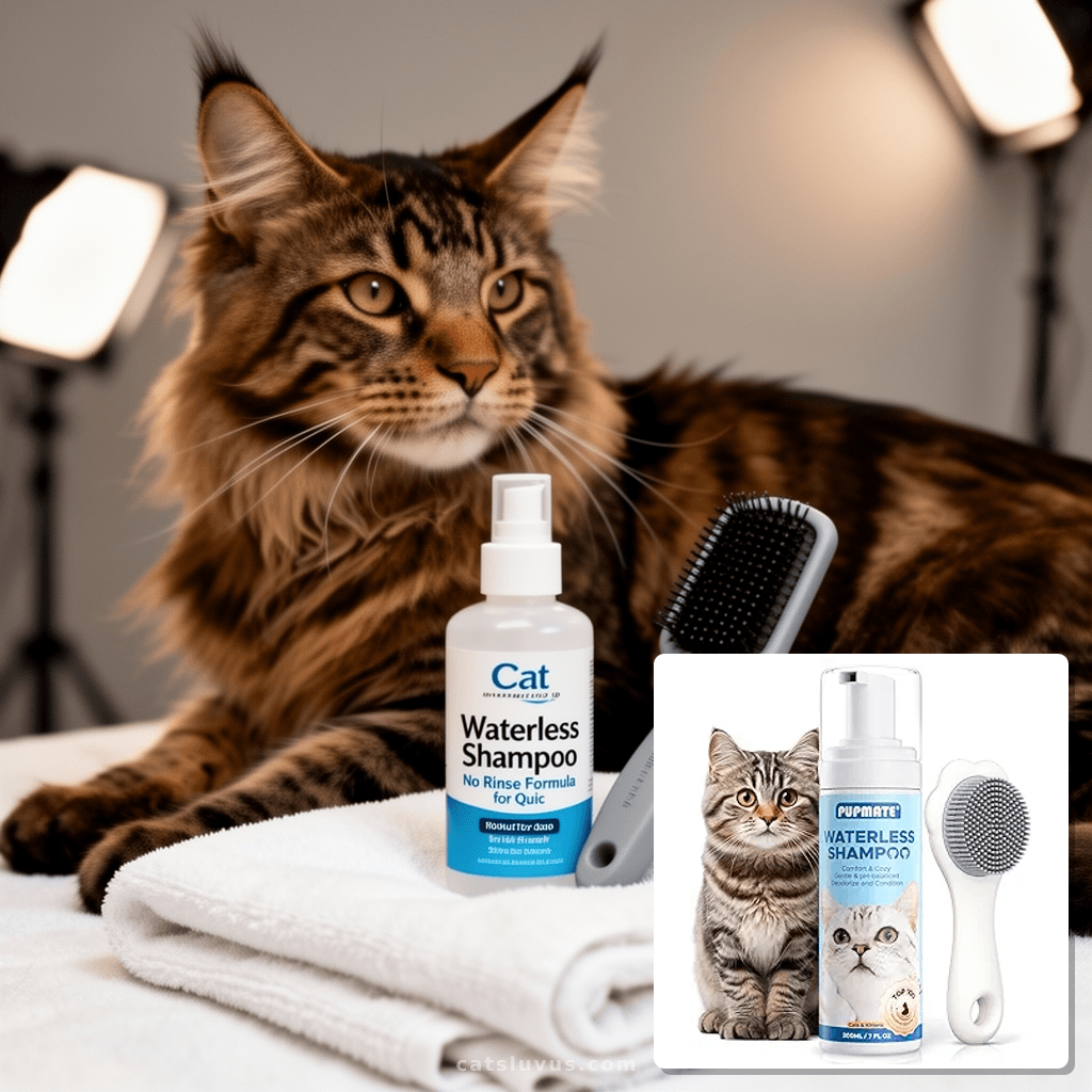 Cat Waterless Shampoo with Brush - No Rinse Formula for Quic with cat - professional product lifestyle photo
