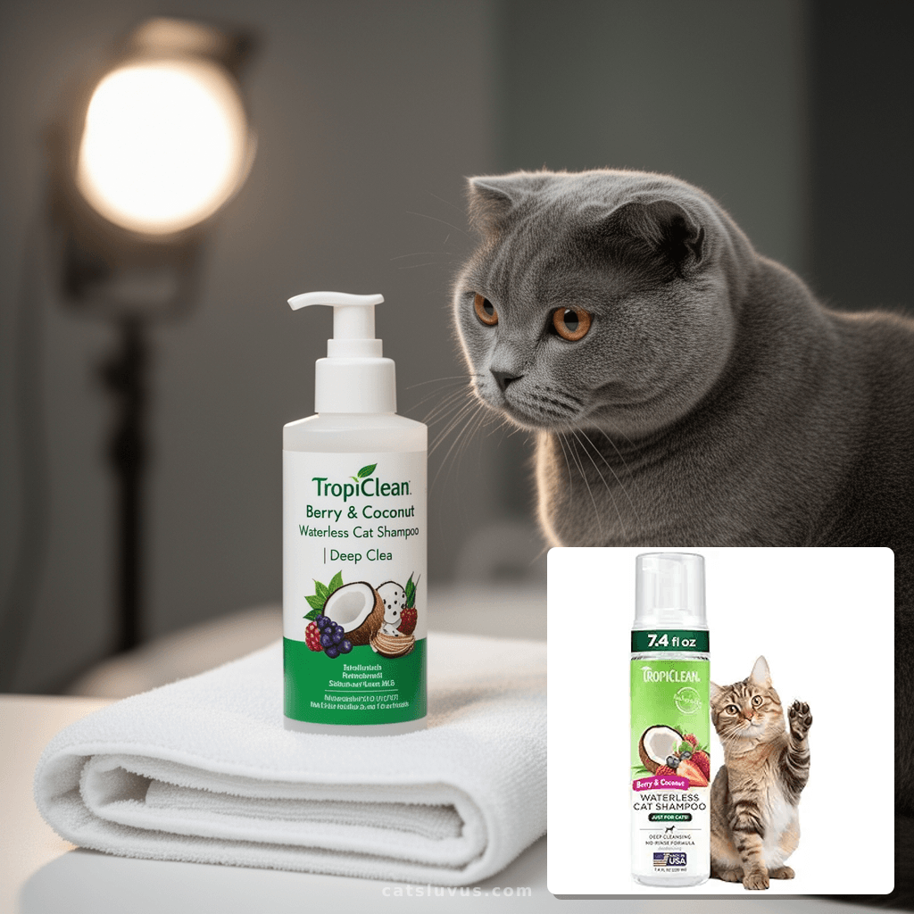 TropiClean Berry & Coconut Waterless Cat Shampoo | Deep Clea with cat - professional product lifestyle photo