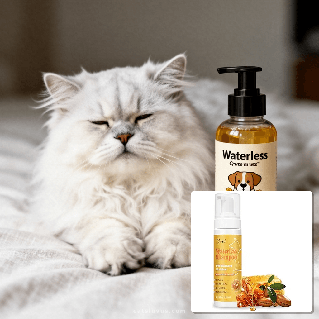 Waterless Shampoo for Cat & Dog with Honey & Shea Butter with cat - professional product lifestyle photo