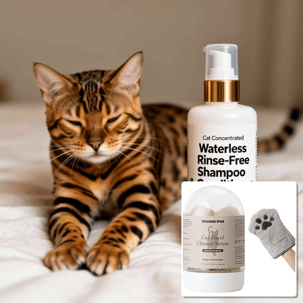Cat Concentrated Waterless Rinse-Free Shampoo & Conditioner  with cat - professional product lifestyle photo