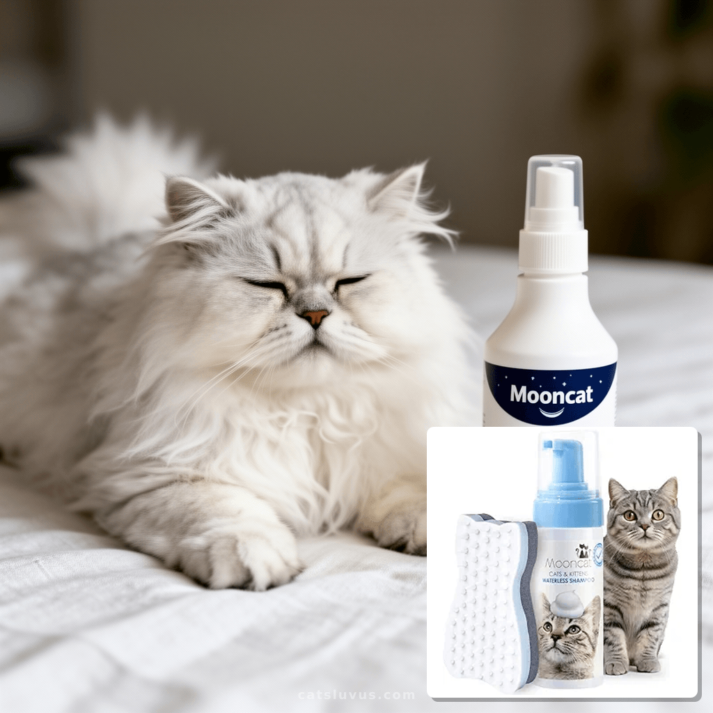 Mooncat Waterless Cat Shampoo+Cat Brush with cat - professional product lifestyle photo