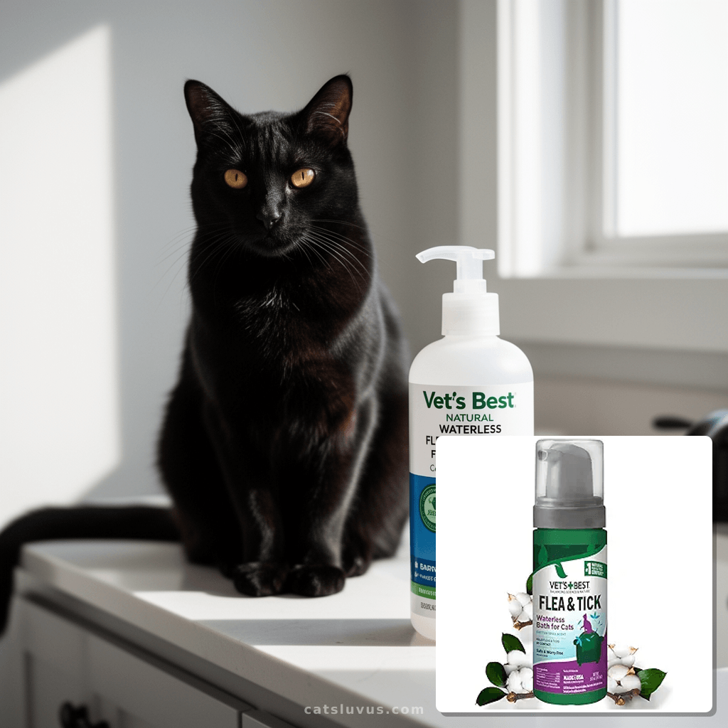 Vet's Best Natural Waterless Flea & Tick Bath for Cats – Nat with cat - professional product lifestyle photo