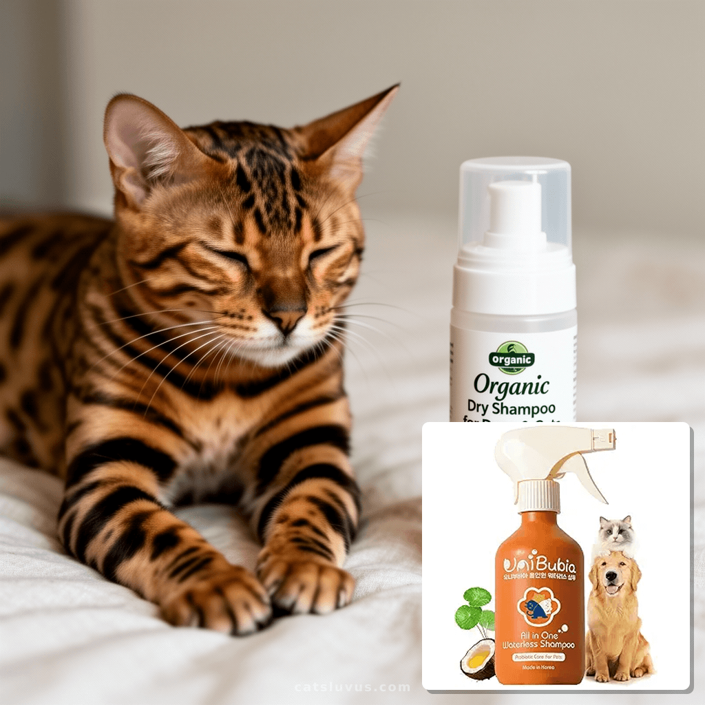 Organic Dry Shampoo for Dogs & Cats with cat - professional product lifestyle photo