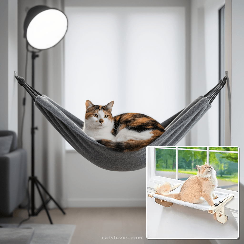 AMOSIJOY Cat Sill Window Perch Sturdy Cat Hammock Window Sea with cat - professional product lifestyle photo