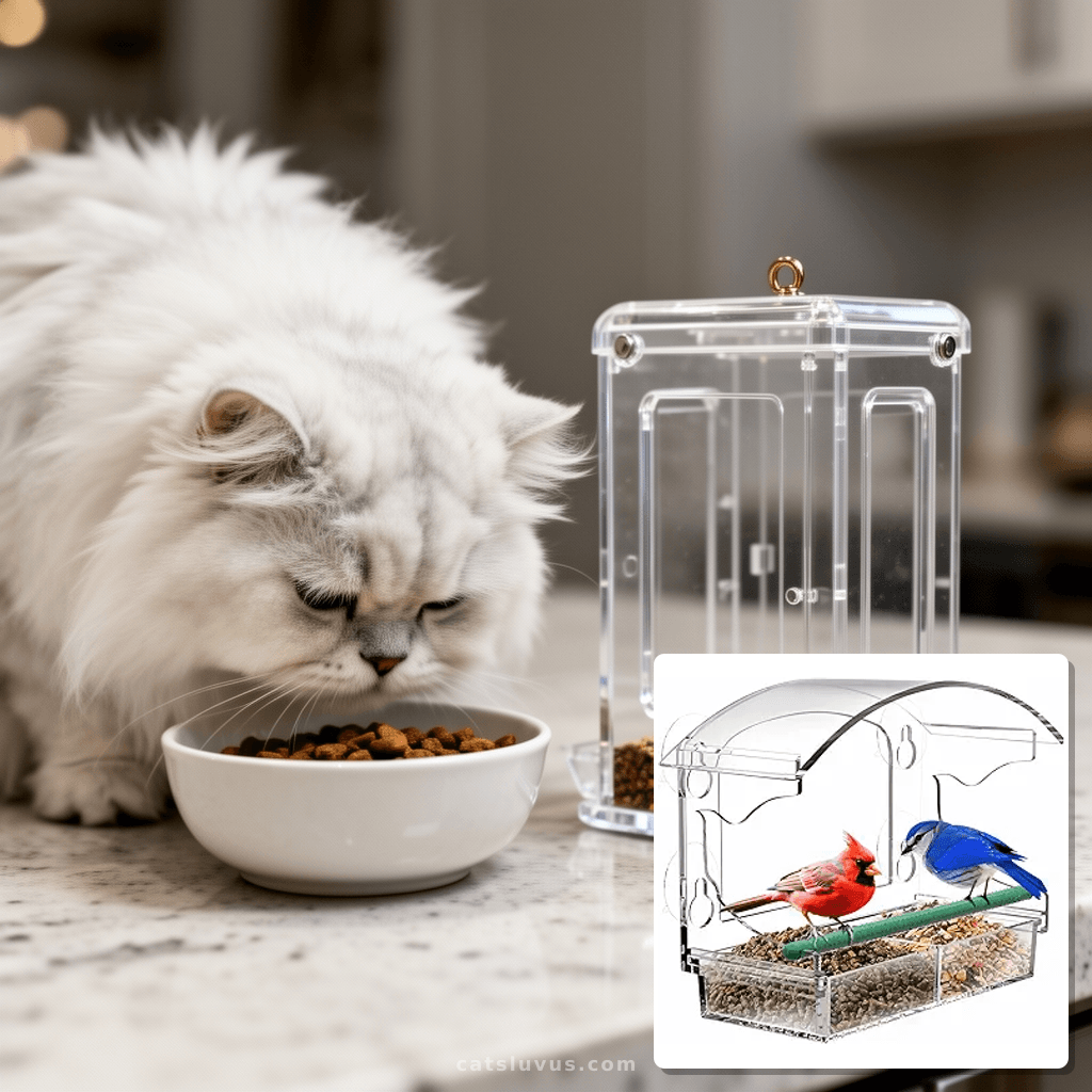 Clear Acrylic Window Bird Feeder for Outside with 4 Strong with cat - professional product lifestyle photo