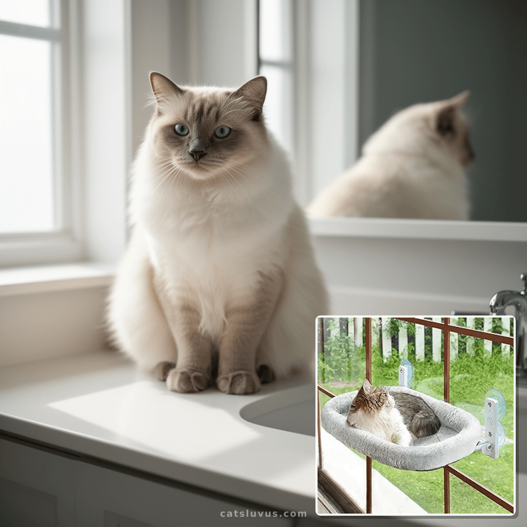 AMOSIJOY Cordless Cat Window Perch with cat - professional product lifestyle photo