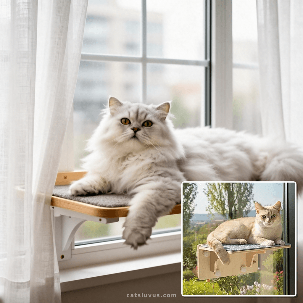 Pecute 2-in-1 Cat Window Perch & Wall Shelves with cat - professional product lifestyle photo
