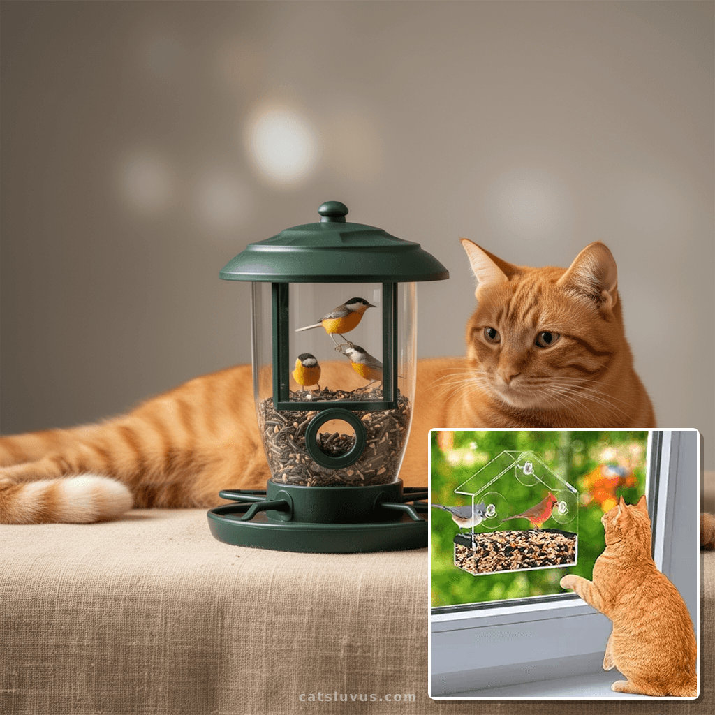 Outdoor Window Bird Feeder for Cats Viewing - Clear Bird with cat - professional product lifestyle photo