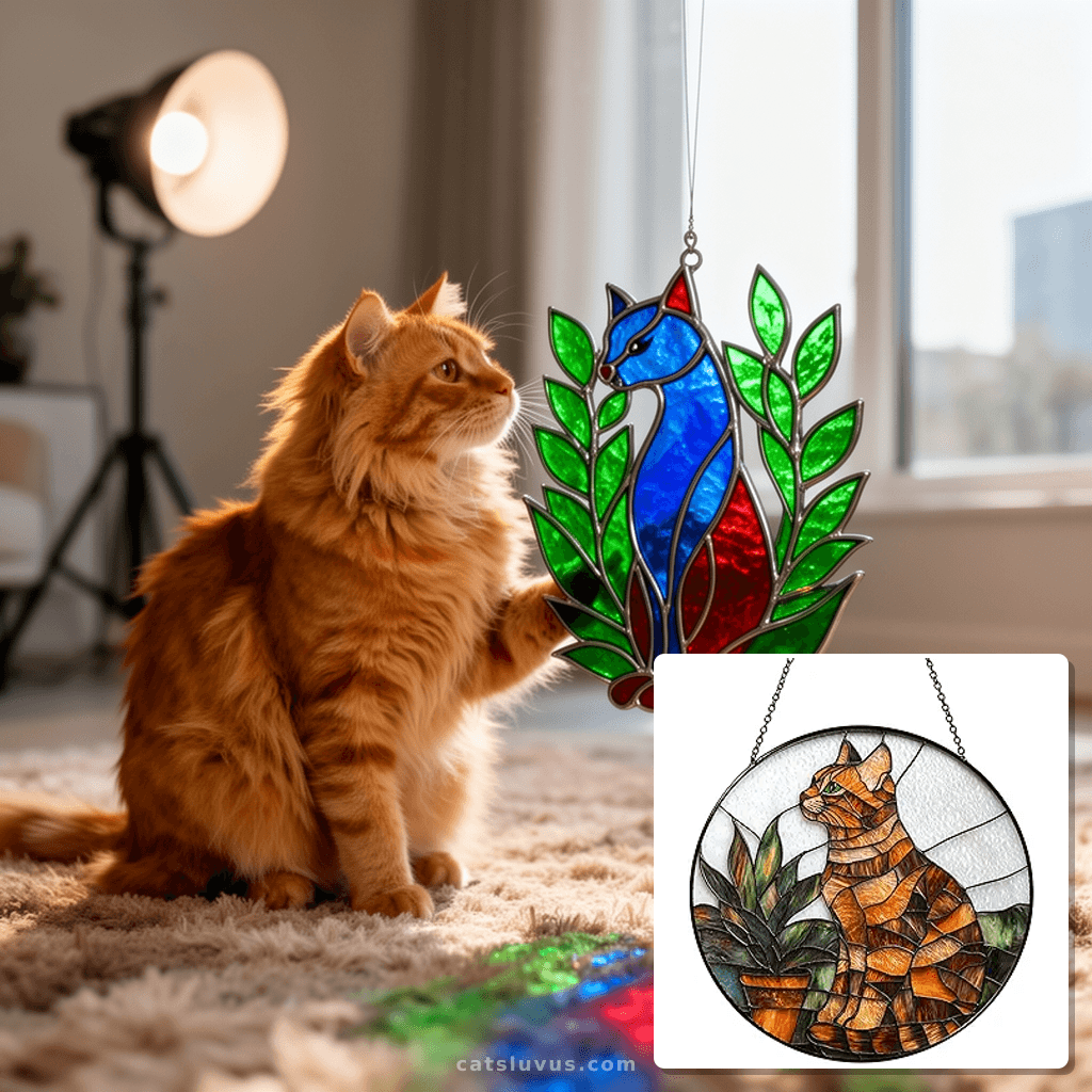 Stained Glass Style Cat Plant Window Suncatcher with cat - professional product lifestyle photo