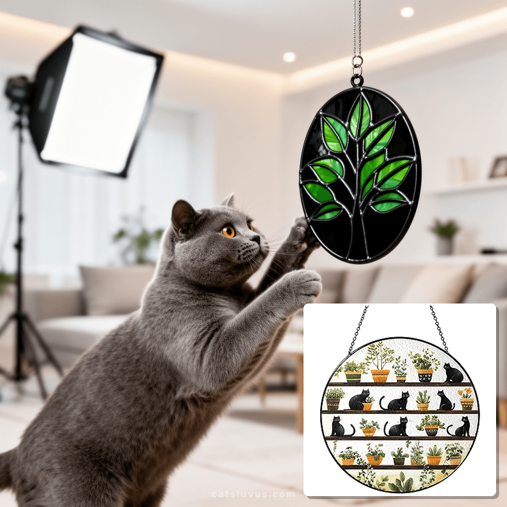 Cute Black Cat Botanical Plant Stained Glass Suncatcher with cat - professional product lifestyle photo