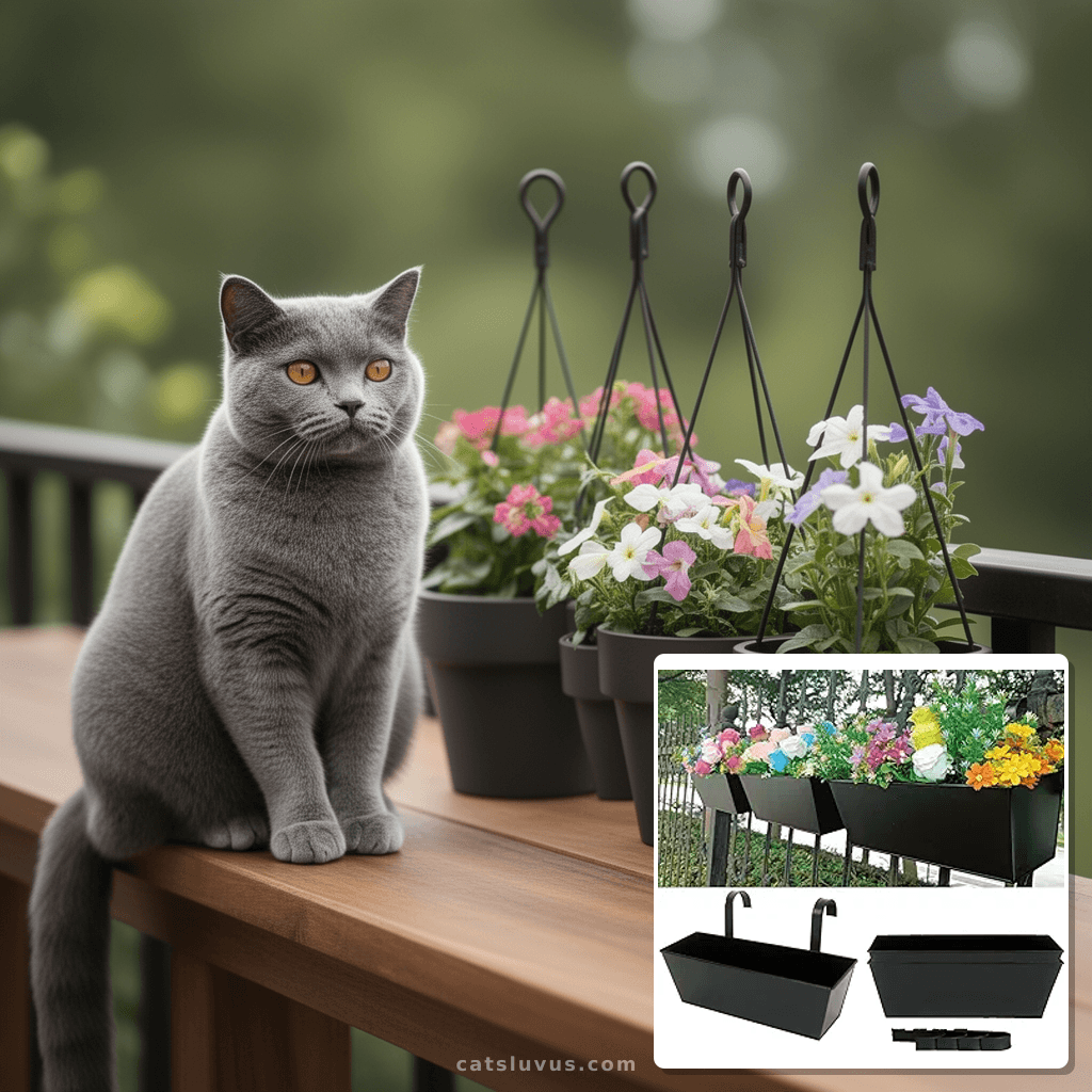 3 Pcs Large Hanging Flower Pots for Railing Or Fence 16 Inch with cat - professional product lifestyle photo