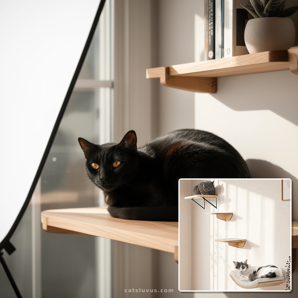 Cat Wall Shelves and Cats Window Perch – Natural Wood 4-Piec with cat - professional product lifestyle photo