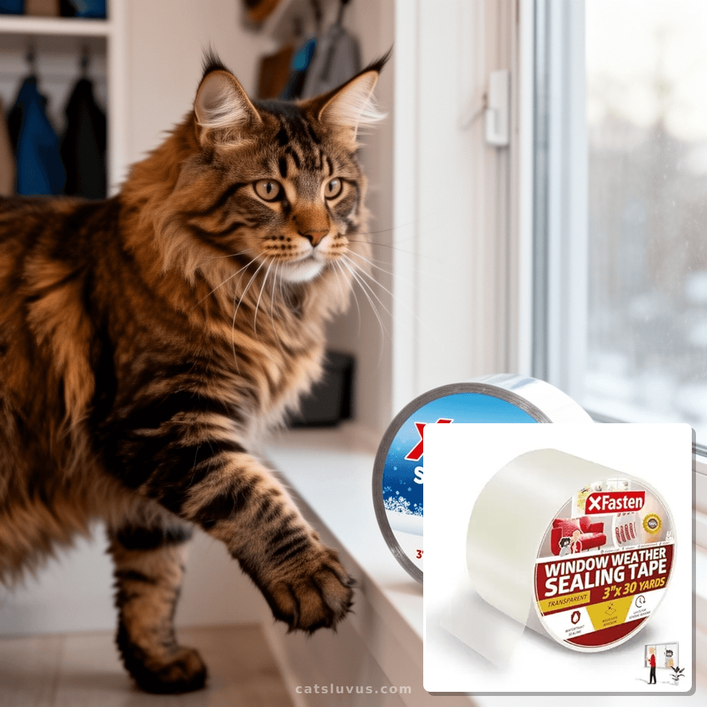 XFasten Window Sealing Tape for Winter 3” x 30 Yards RV Wind with cat - professional product lifestyle photo