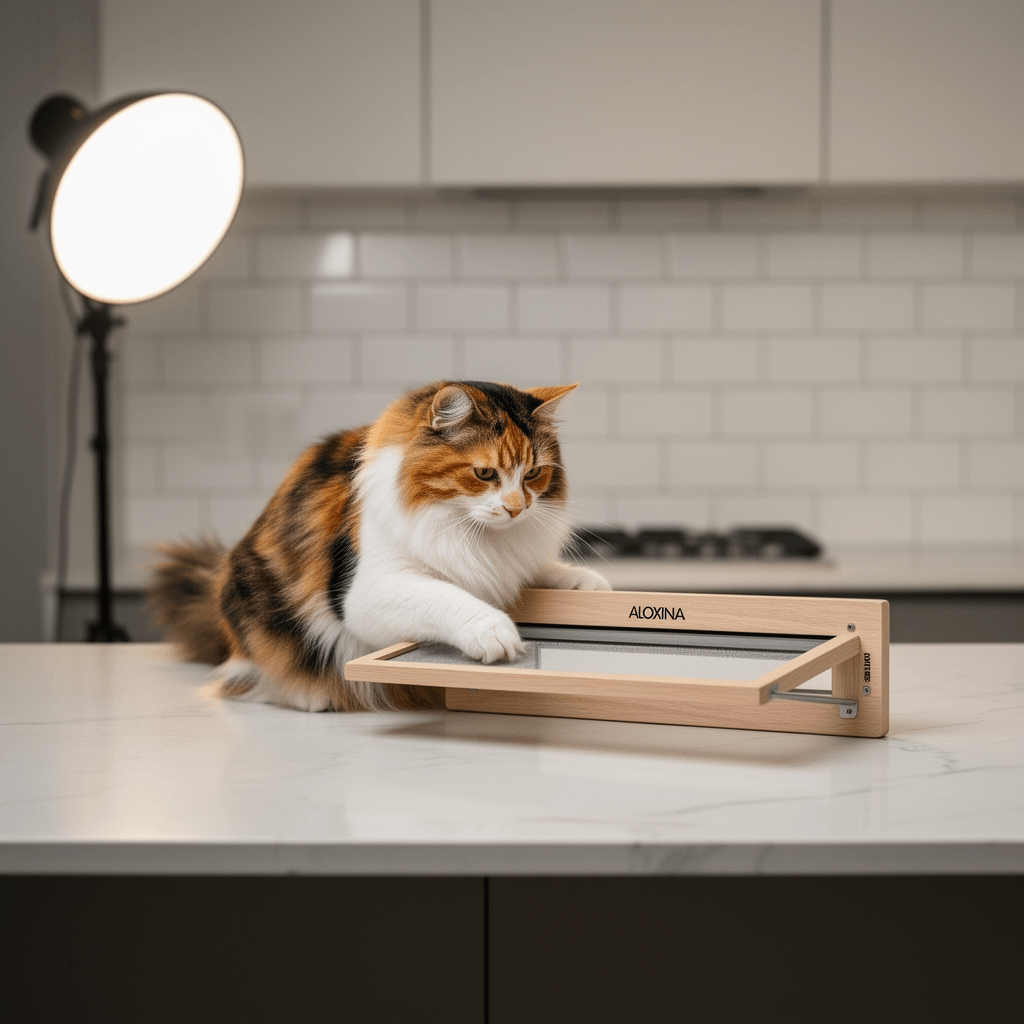 Cat Window Perch with Wooden Frame – Aloxina Foldable Cat with cat - professional product lifestyle photo