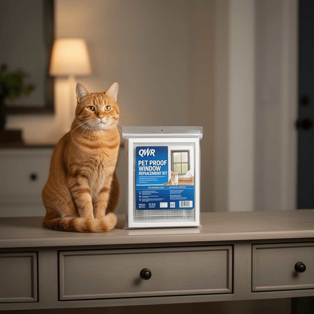 QWR Pet Proof Window Screen Replacement Kit with cat - professional product lifestyle photo