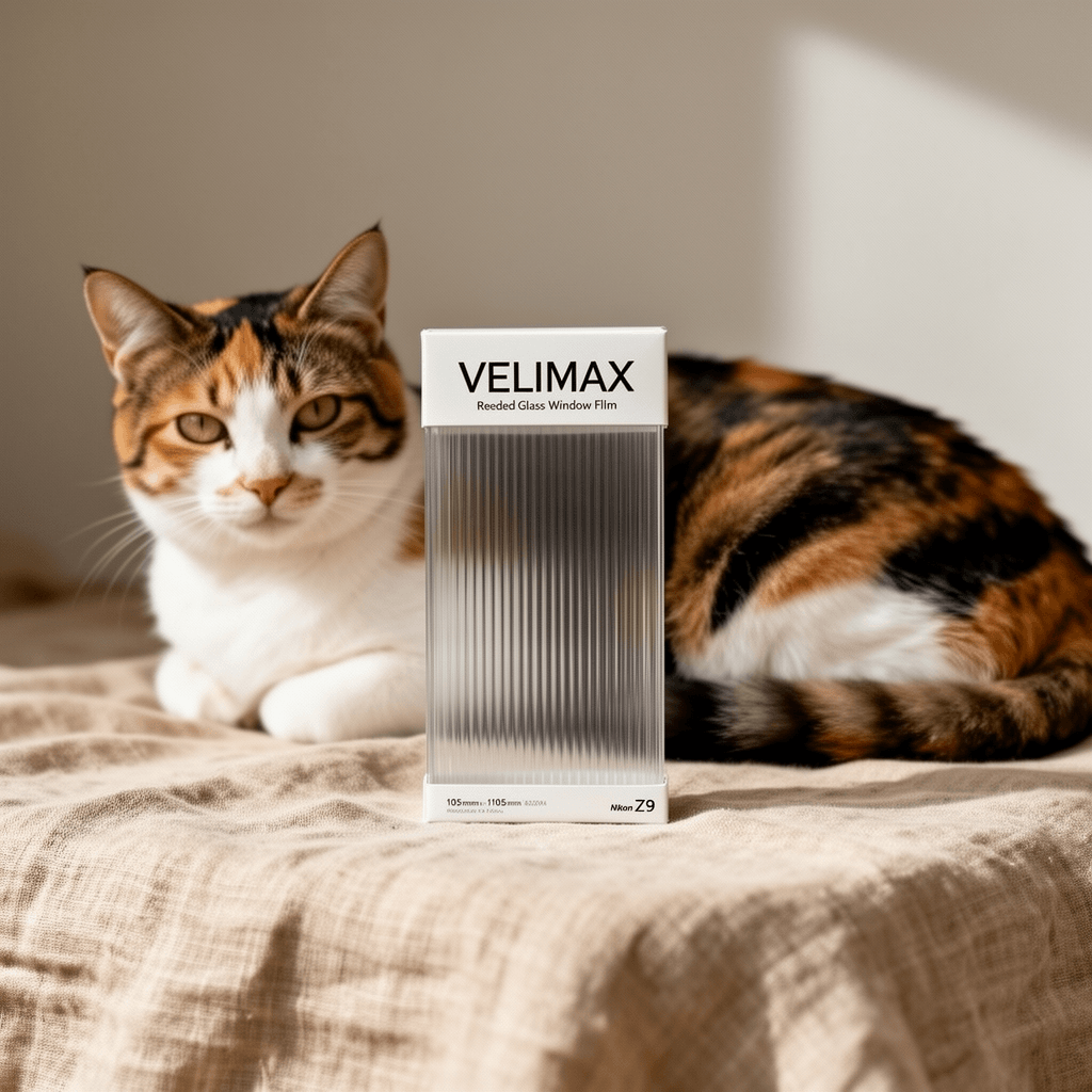 VELIMAX Reeded Glass Window Film with cat - professional product lifestyle photo