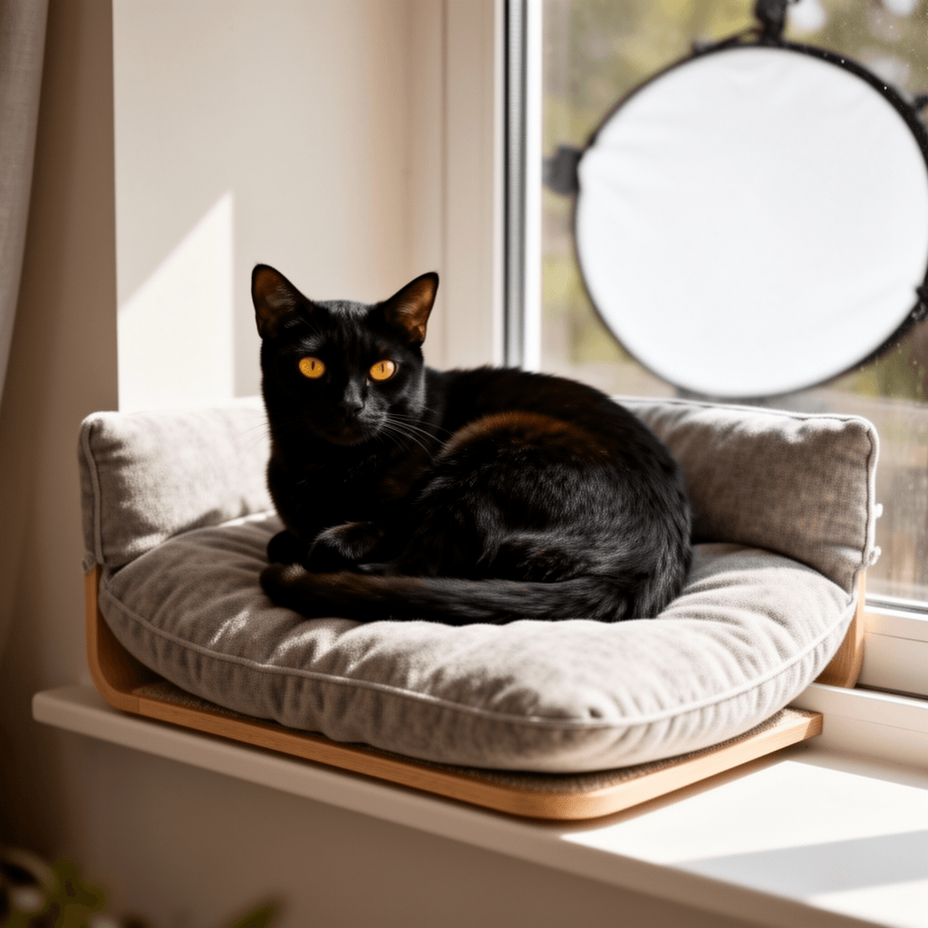 Cat Window Sill Perch with Large Bolster with cat - professional product lifestyle photo