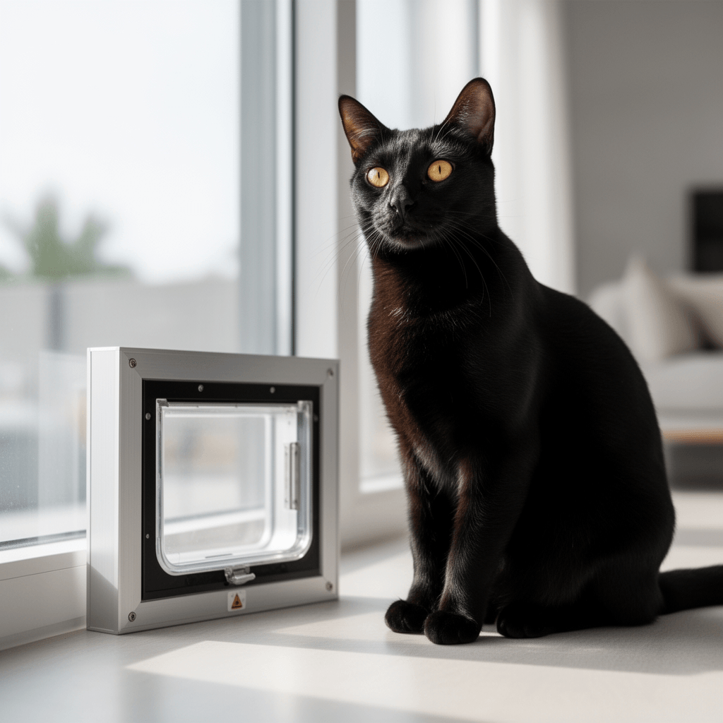 Aluminum Window Pet Door for Cats - Window Cat Door Insert with cat - professional product lifestyle photo