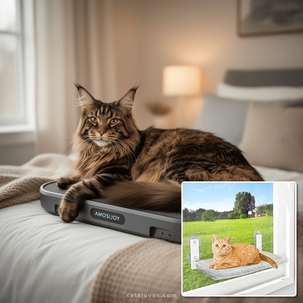 AMOSIJOY Cordless Cat Window Perch with cat - professional product lifestyle photo