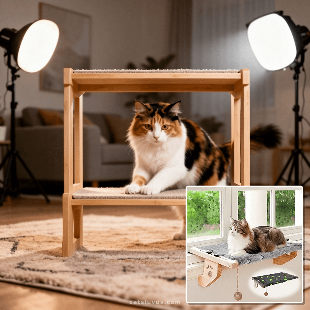 3 Pcs Wooden Cat Window Perch with cat - professional product lifestyle photo