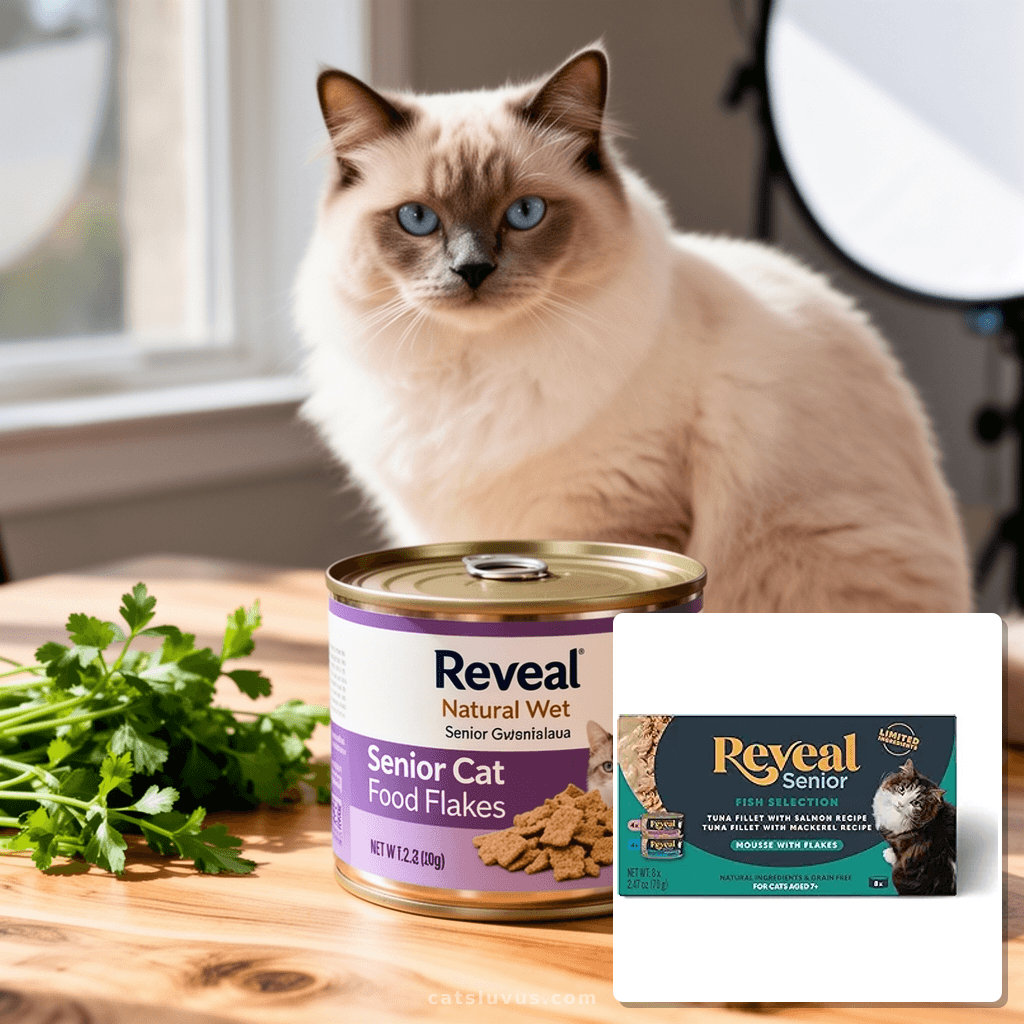 Reveal Natural Wet Senior Cat Food Flakes with cat - professional product lifestyle photo