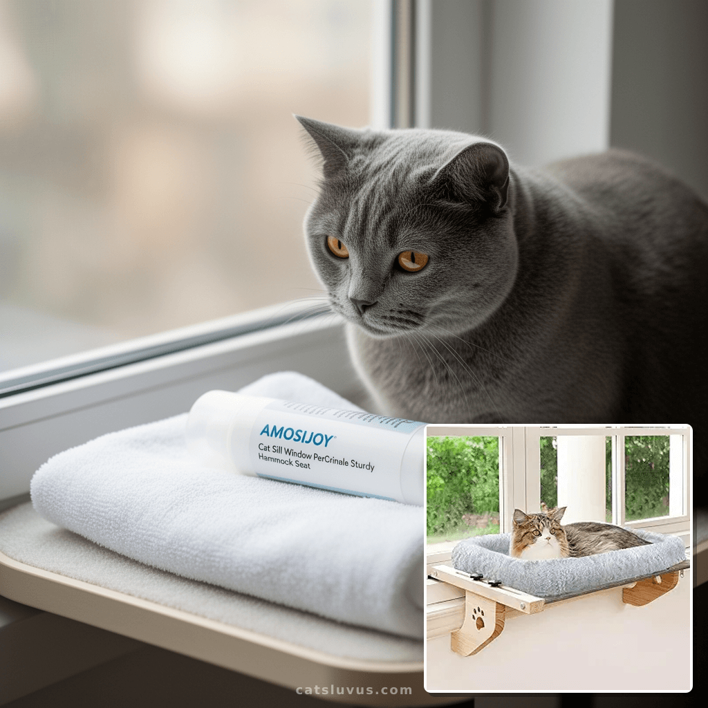AMOSIJOY Cat Sill Window Perch Sturdy Hammock Window Seat wi with cat - professional product lifestyle photo