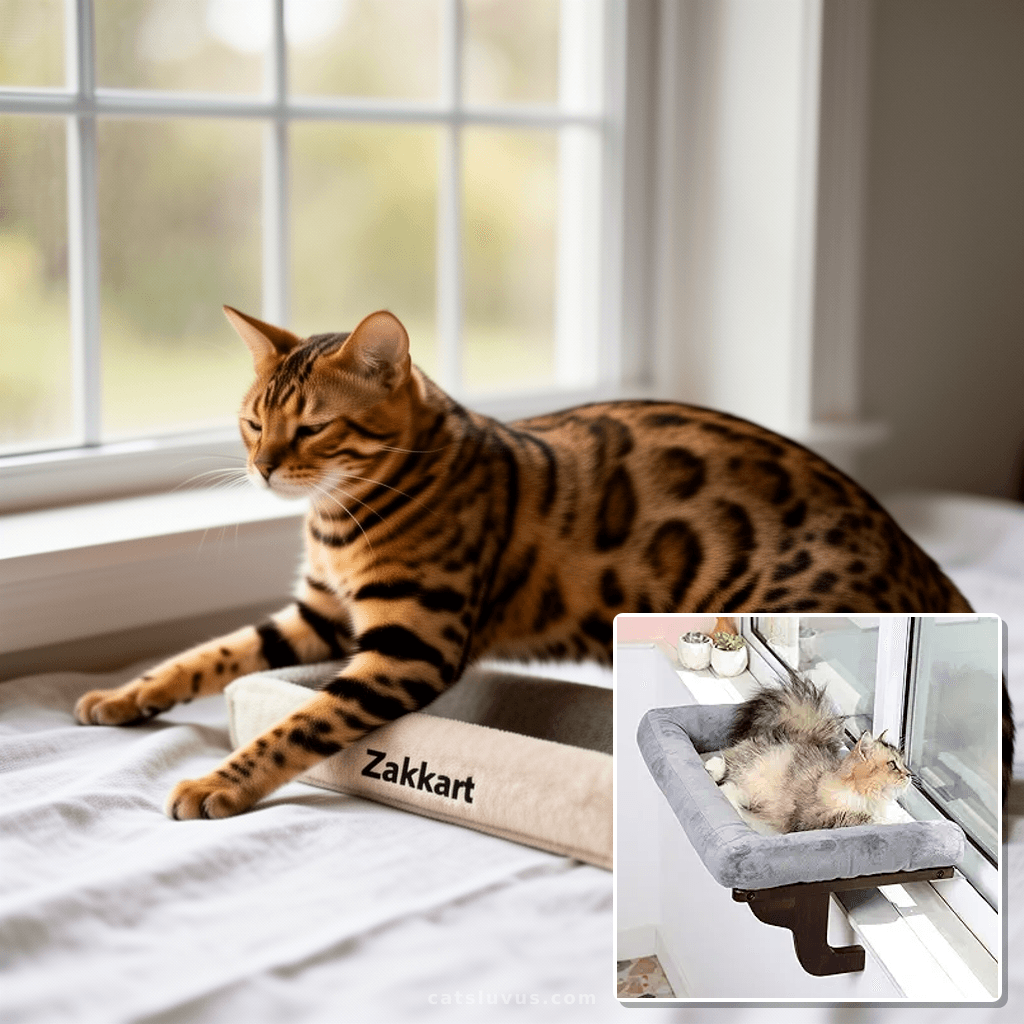 Zakkart Cat Perch for Window Sill with Bolster - Orthopedic  with cat - professional product lifestyle photo