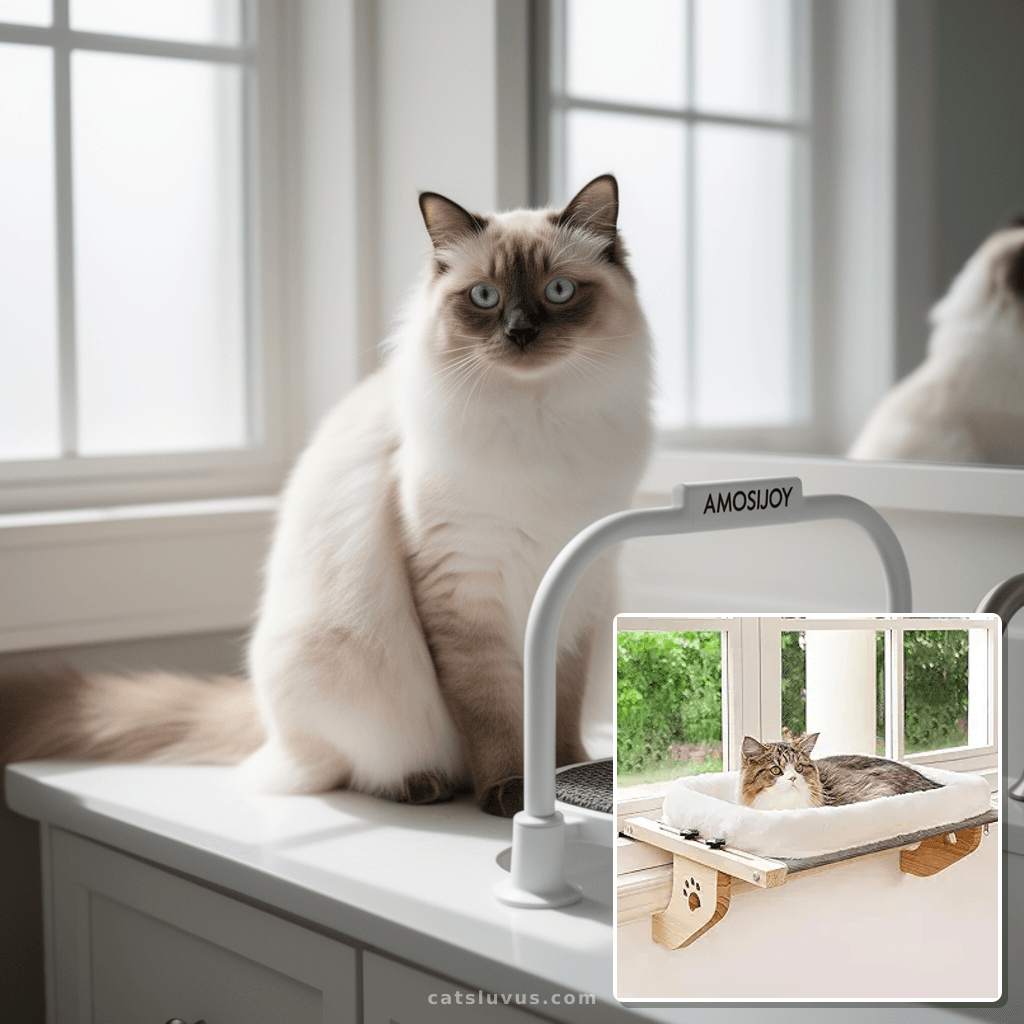 AMOSIJOY Cat Sill Window Perch Sturdy Hammock Window Seat wi with cat - professional product lifestyle photo