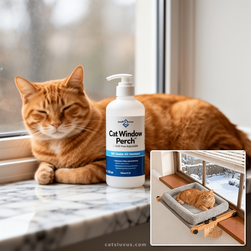 Cat Window Perch - Drill-Free Adjustable Sill Hammock with cat - professional product lifestyle photo