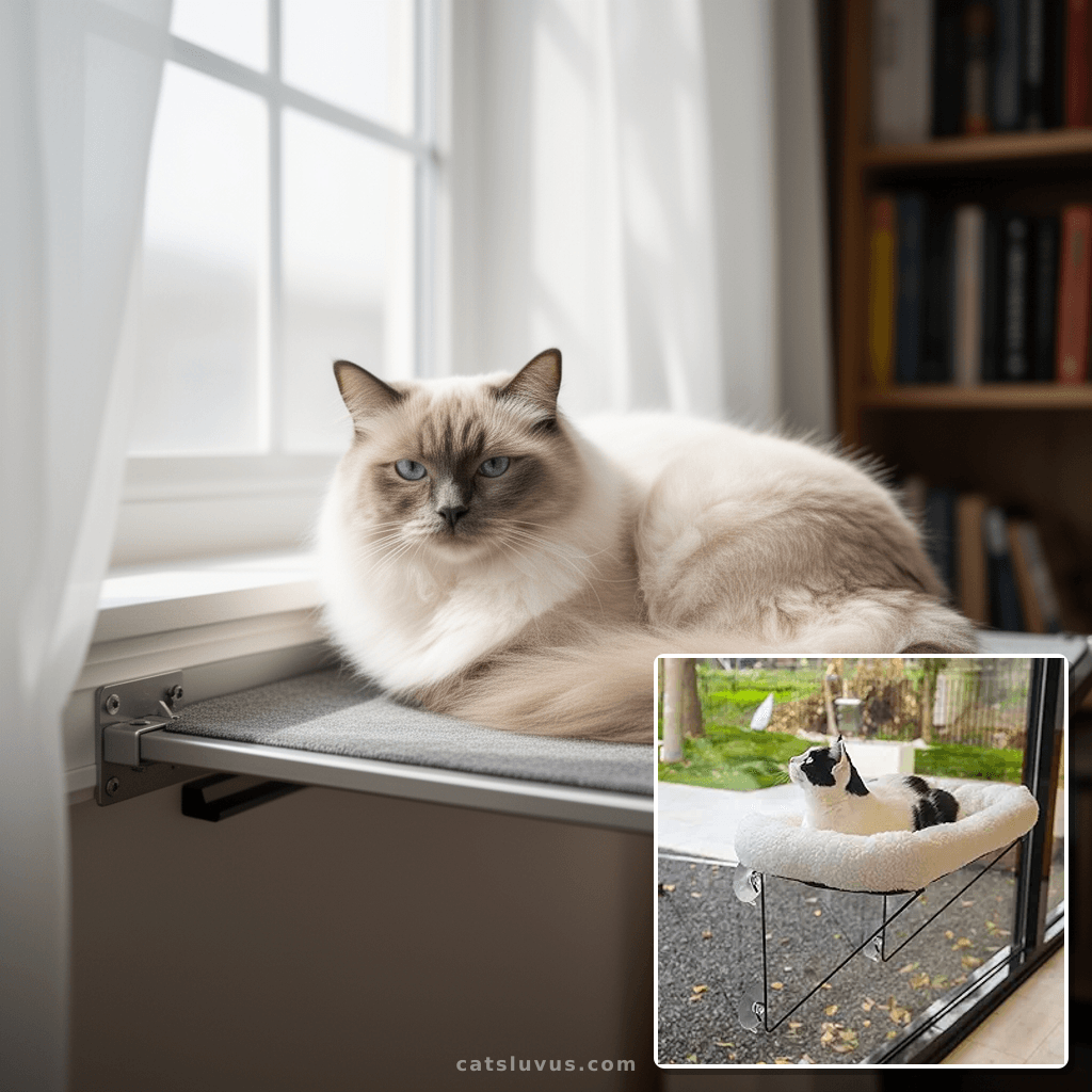 AMOSIJOY Cordless Cat Window Perch with cat - professional product lifestyle photo