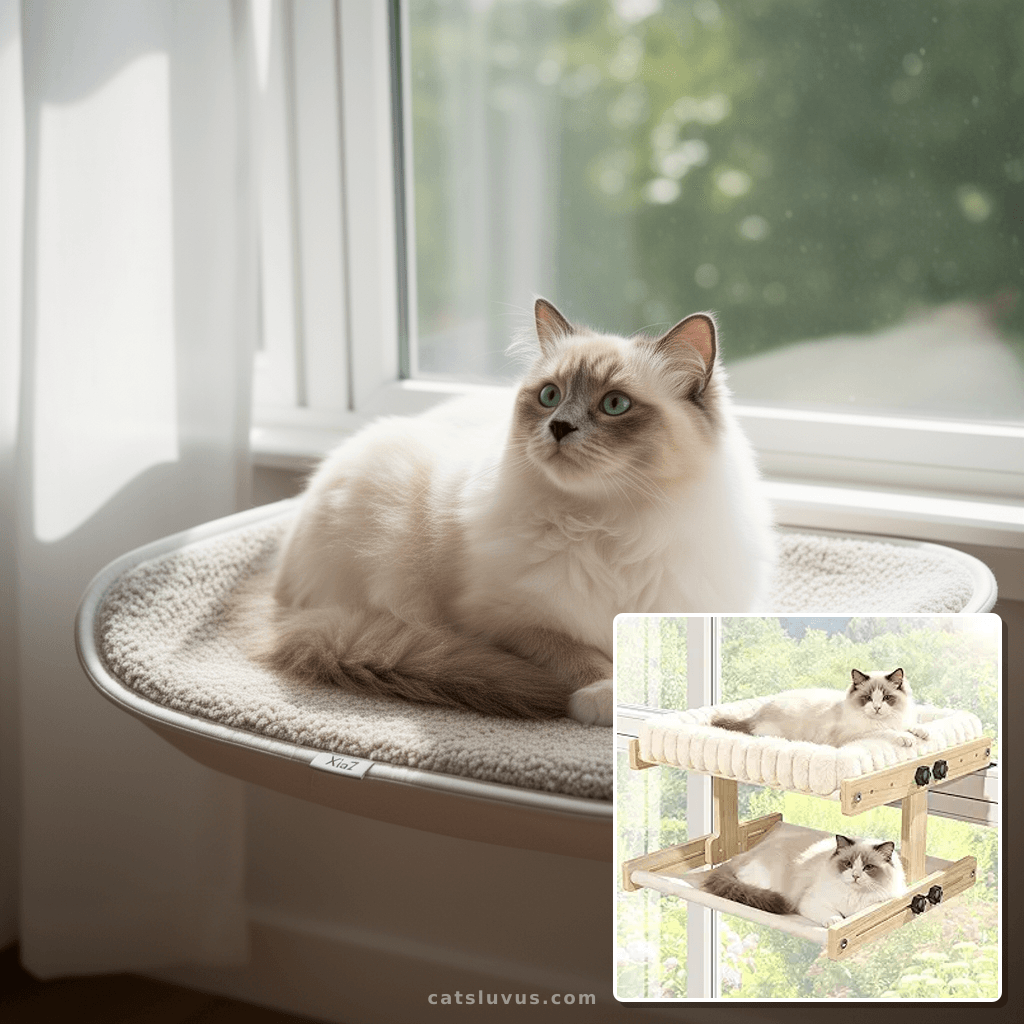 AMOSIJOY Cat Sill Window Perch Sturdy Hammock Window Seat wi with cat - professional product lifestyle photo