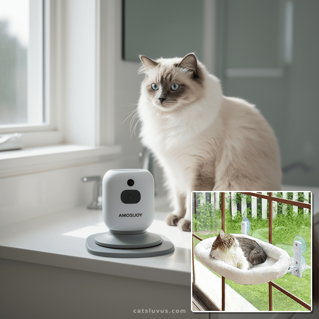 AMOSIJOY Cordless Cat Window Perch with cat - professional product lifestyle photo