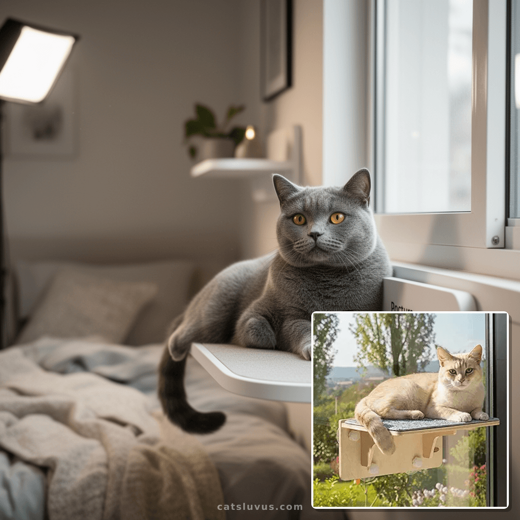 Pecute 2-in-1 Cat Window Perch & Wall Shelves with cat - professional product lifestyle photo