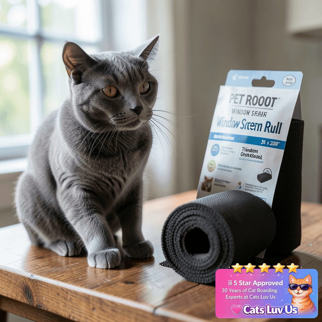 Pet Proof Window Screen Roll 36" x 200" Thicken Charcoal with cat - professional product lifestyle photo