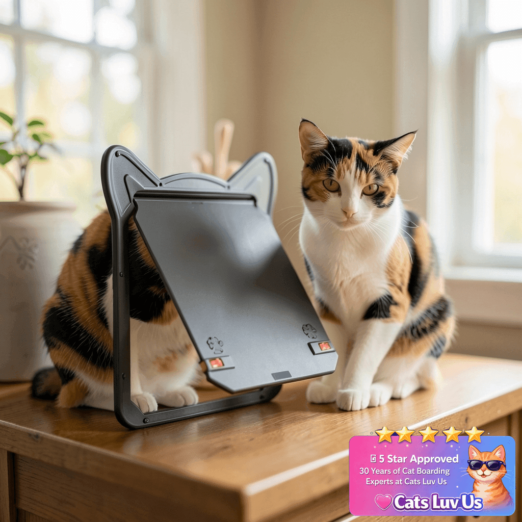 Pet Screen Door for Small Dogs & Cats - Heavy Duty Magnetic with cat - professional product lifestyle photo