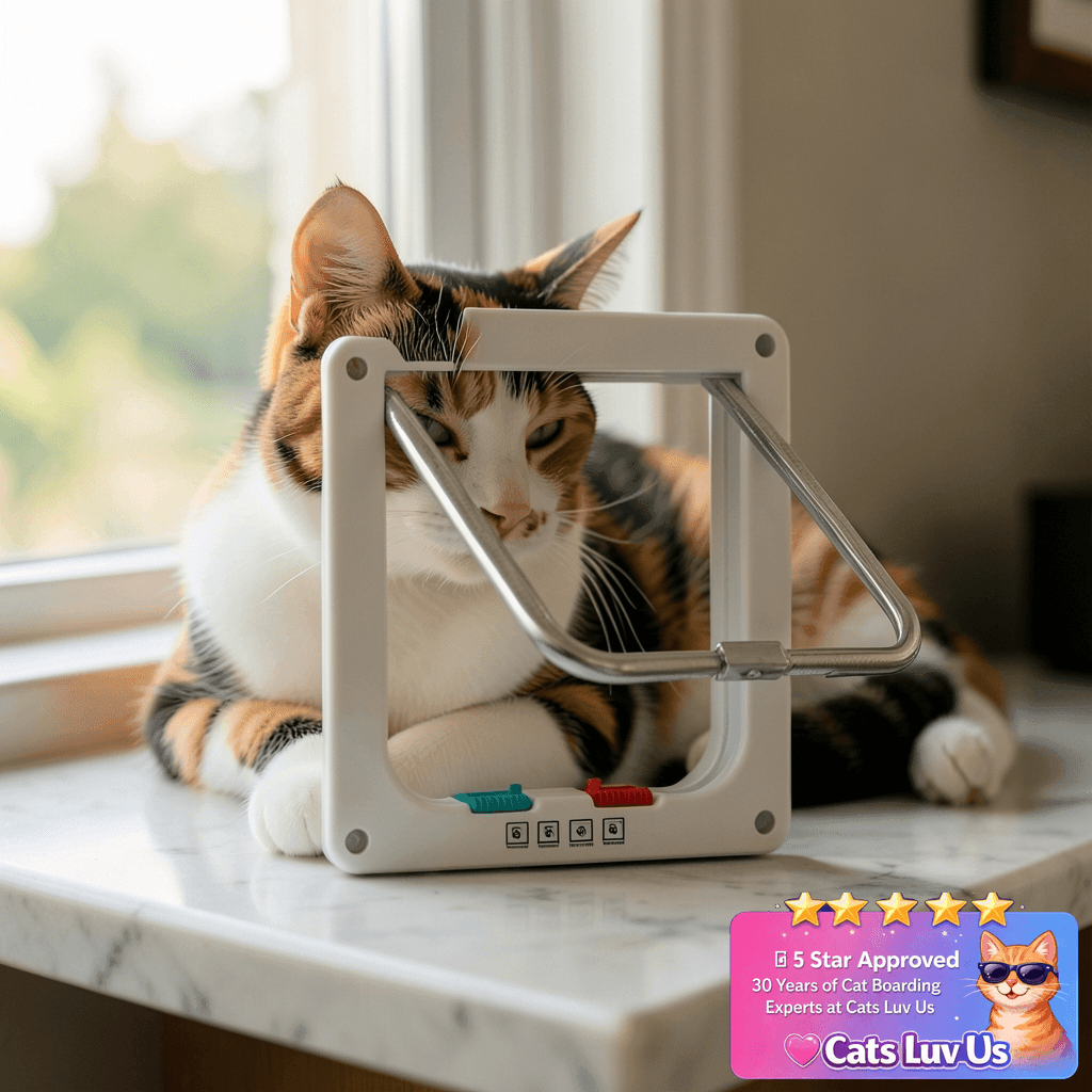 Thin Cat Door for Windows with cat - professional product lifestyle photo