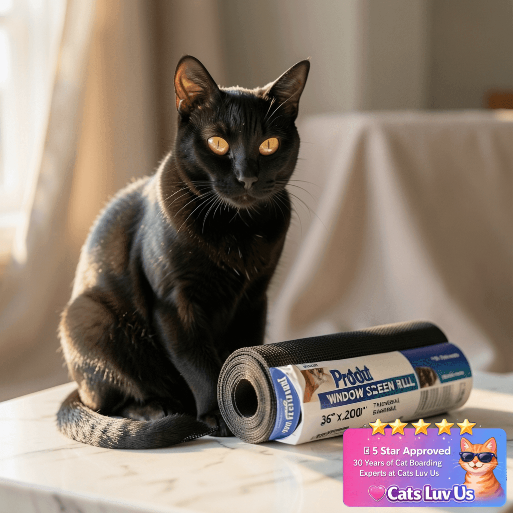 Pet Proof Window Screen Roll 36" x 200" Thicken Charcoal with cat - professional product lifestyle photo